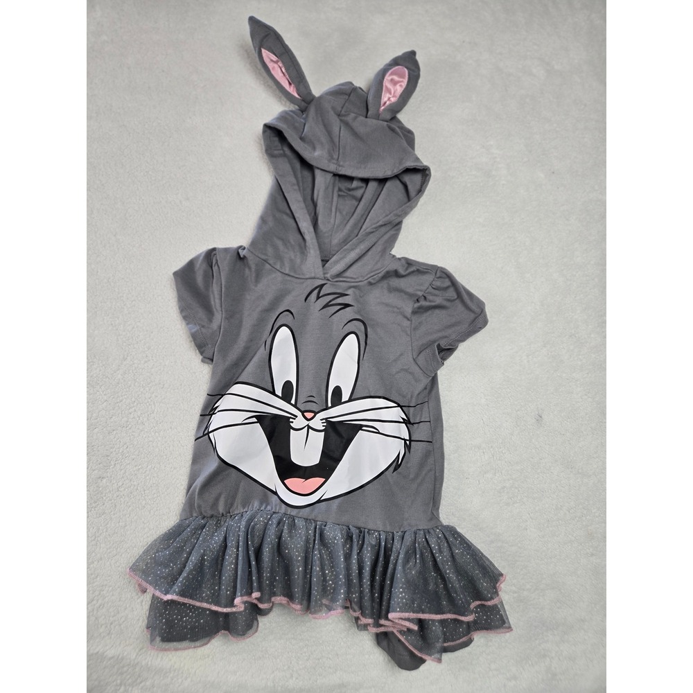 Looney Tunes Bugs Bunny Girls Grey Hooded Ruffle Top 3D Ears Glitter 5T